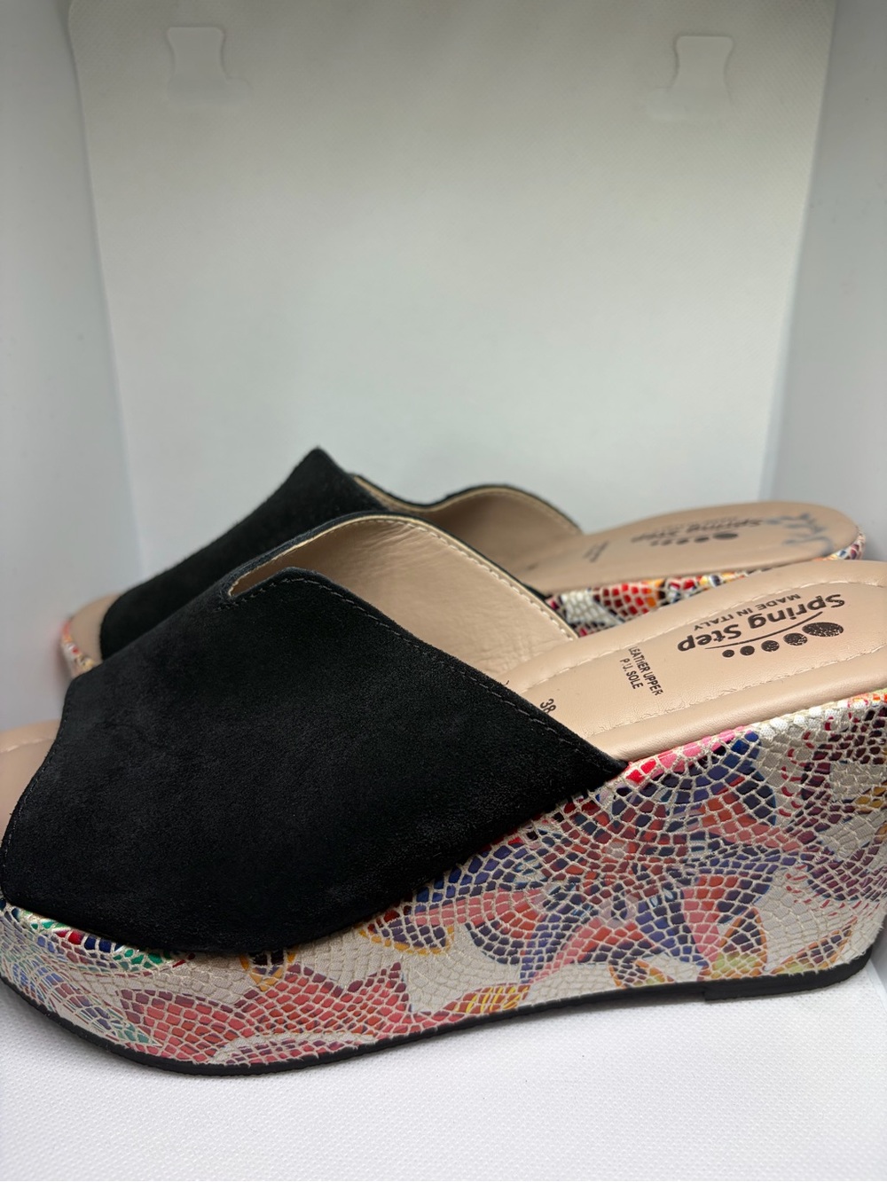 Spring Step Black Suede Slip-On Wedge Sandals with Multicolor Mosaic Platform